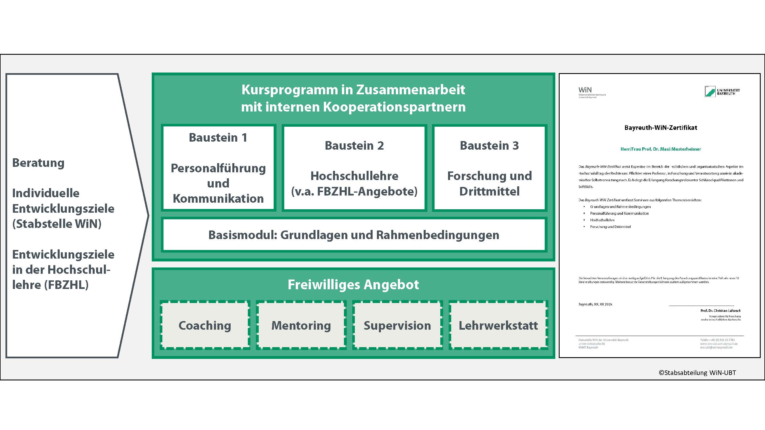 Begleitung des Karriereweges von W1 nach W3 (Tenure Track) mit der Erlangung des Bayreuth-WiN-Zertifikates und der Struktur des Weiterbildungsprogrammes..