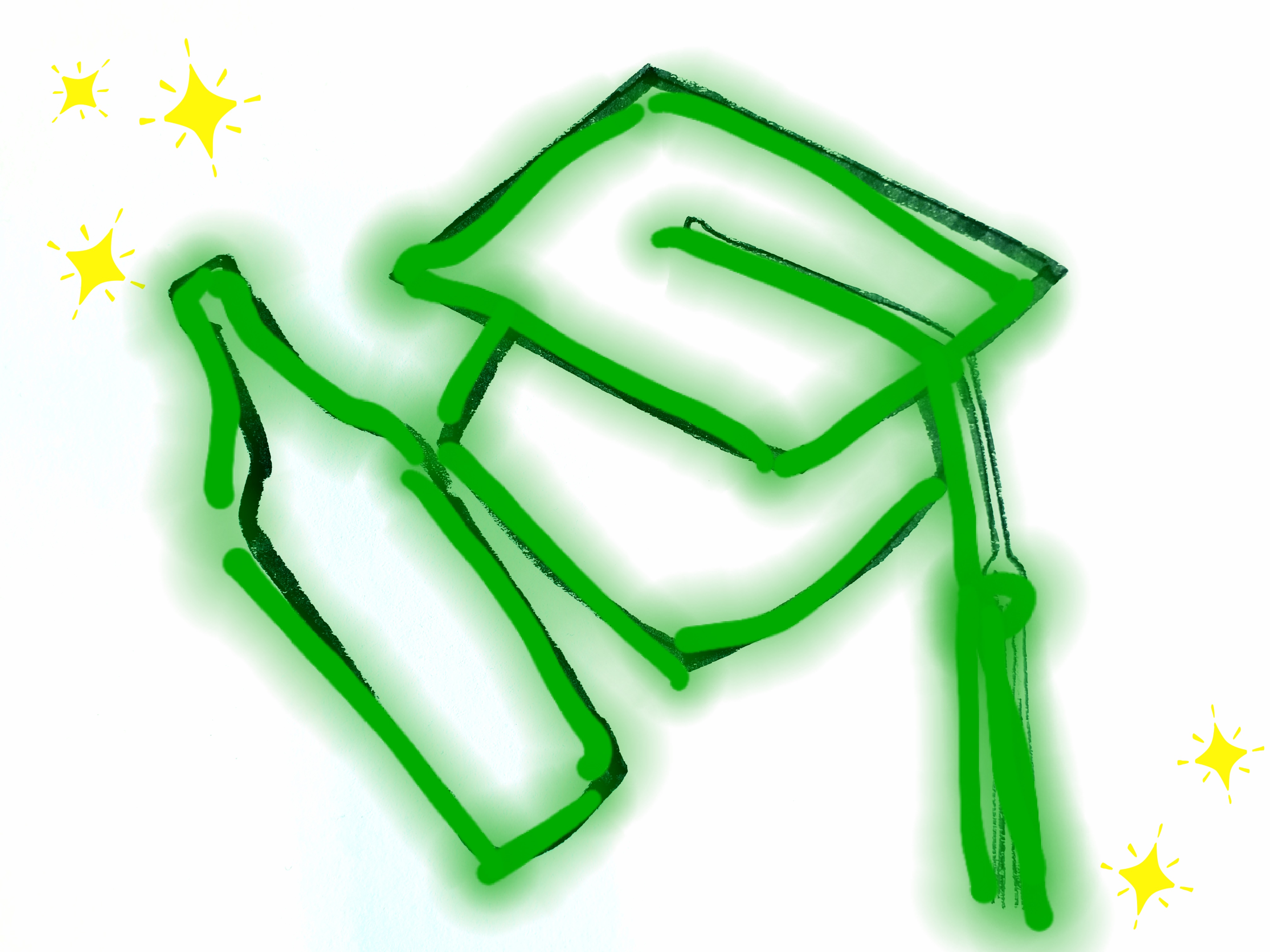 Doktorhut und Glasflasche mit gelben Sternen
